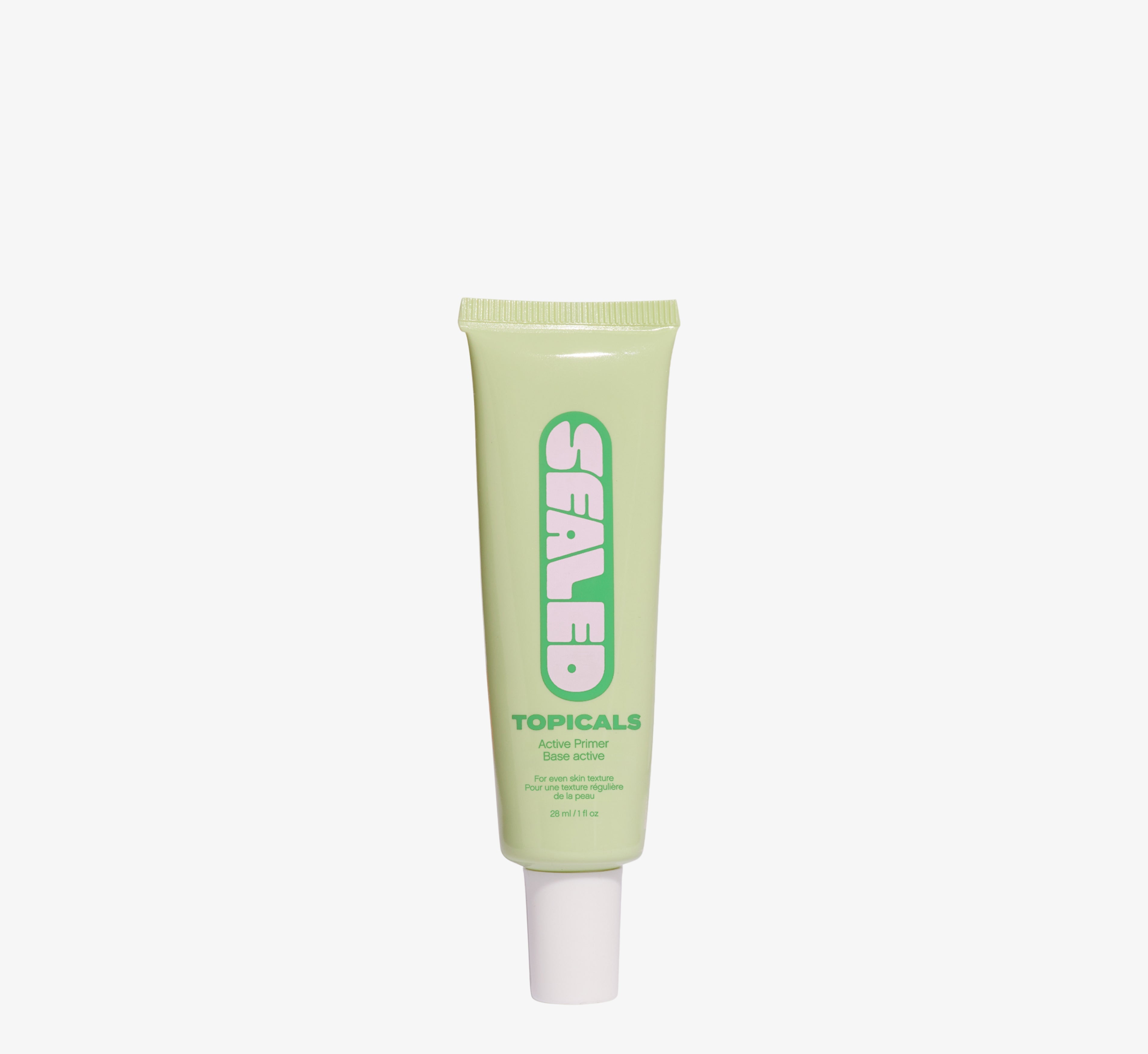 Active primer for even skin texture from Topicals Sealed shown as a light green 28ml squeeze tube standing upright on a white background.